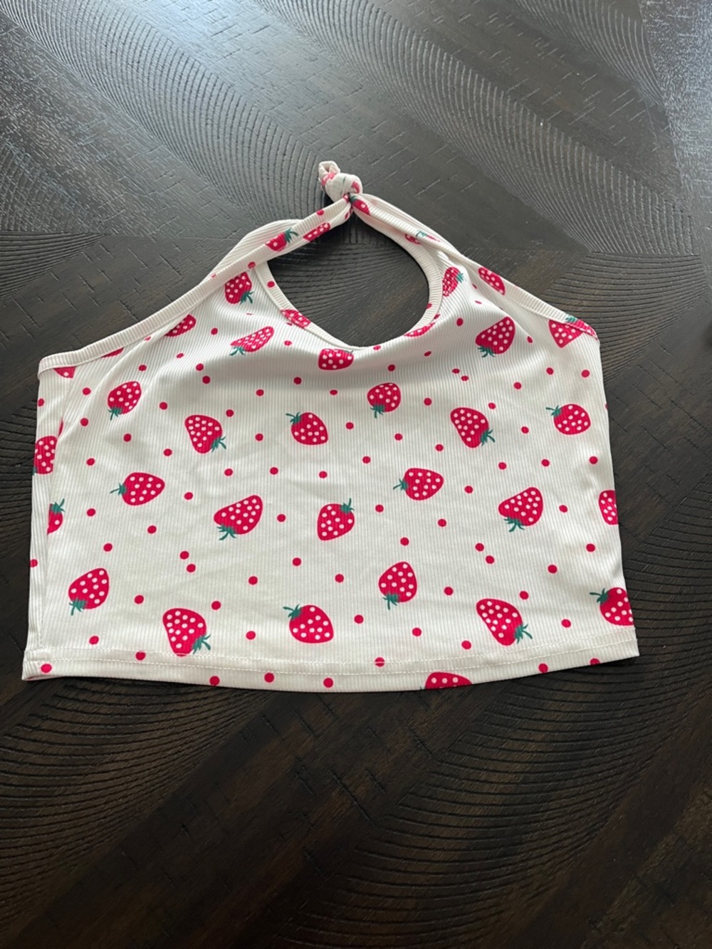 ROMWE White Halter Crop Top with Pink Strawberry Pattern